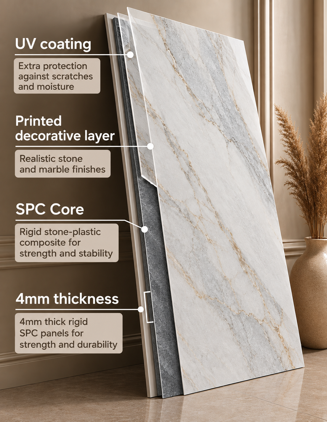 4mm SPC bathroom wall panel showing UV coating, decorative layer and rigid stone-plastic composite core